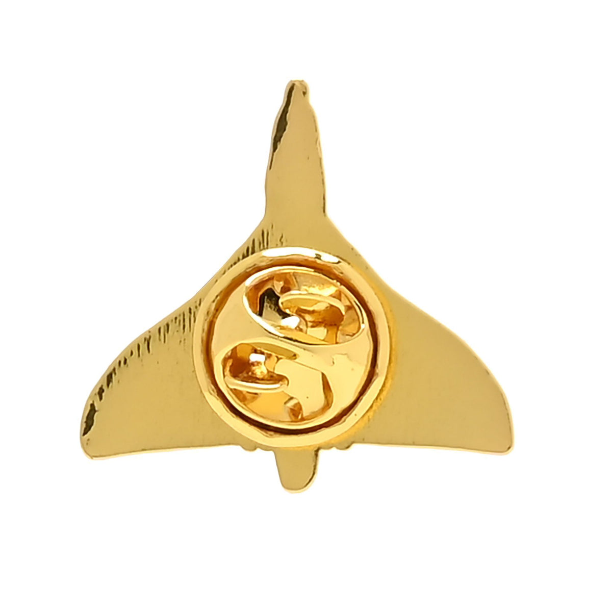Gold-tone RAF Vulcan pin back with circular clasp and safety pin bar