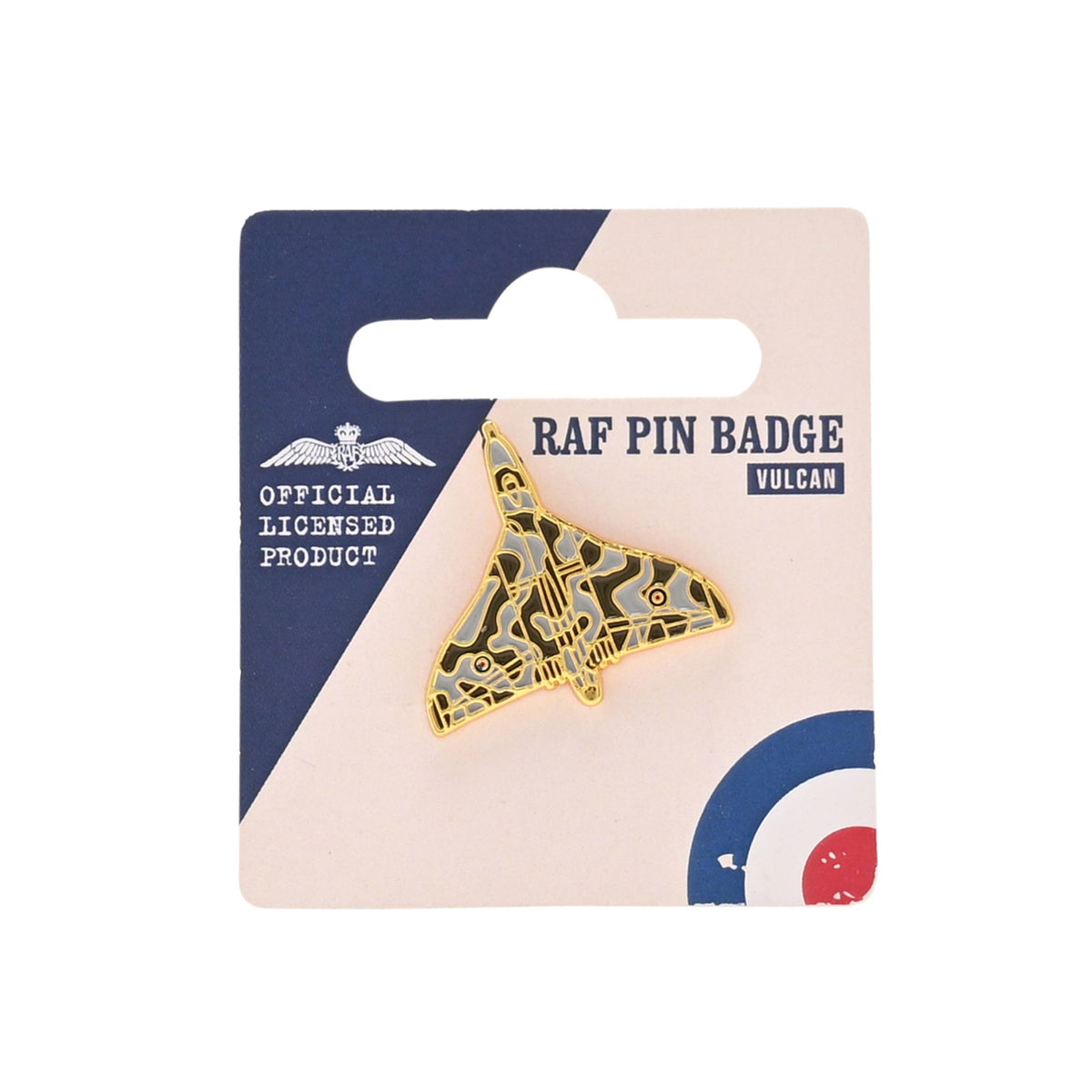 RAF pin badge blister card with Vulcan aircraft enamel pin
