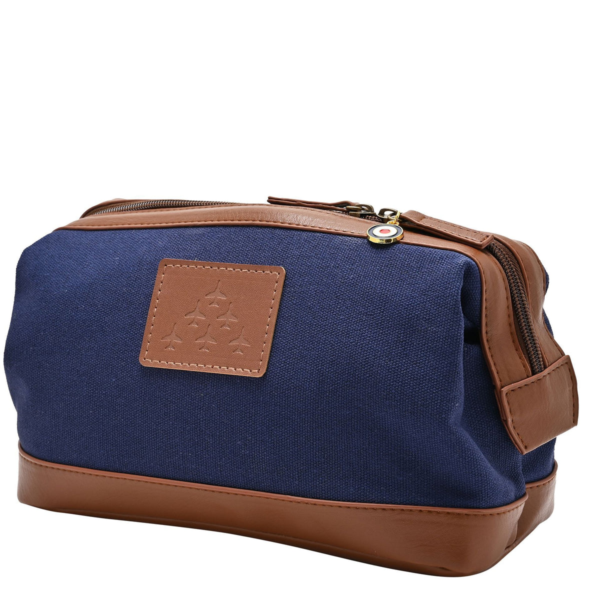 Blue canvas washbag with brown trim, front patch and side zipper pocket detail