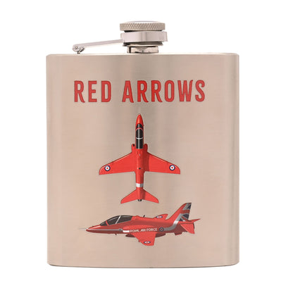 Stainless hip flask with screw cap; “RED ARROWS” text and red aircraft graphic