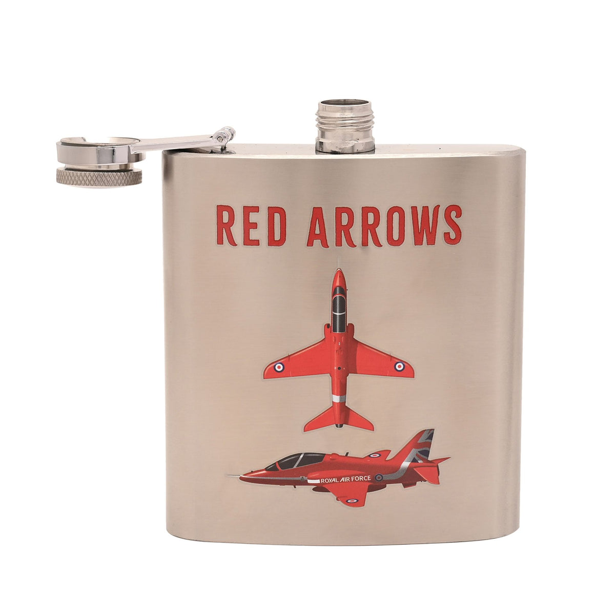 Stainless hip flask with screw cap and “RED ARROWS” printed airplane graphic
