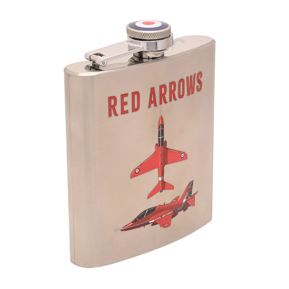 Stainless hip flask with screw cap; side view with “RED ARROWS” and aircraft art