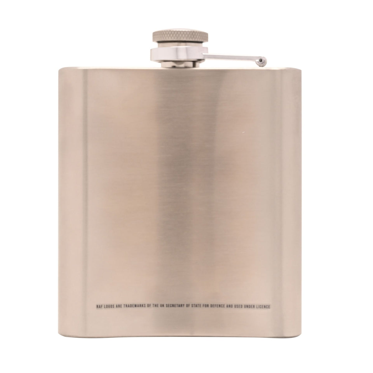 Stainless hip flask back view with small printed text and screw cap