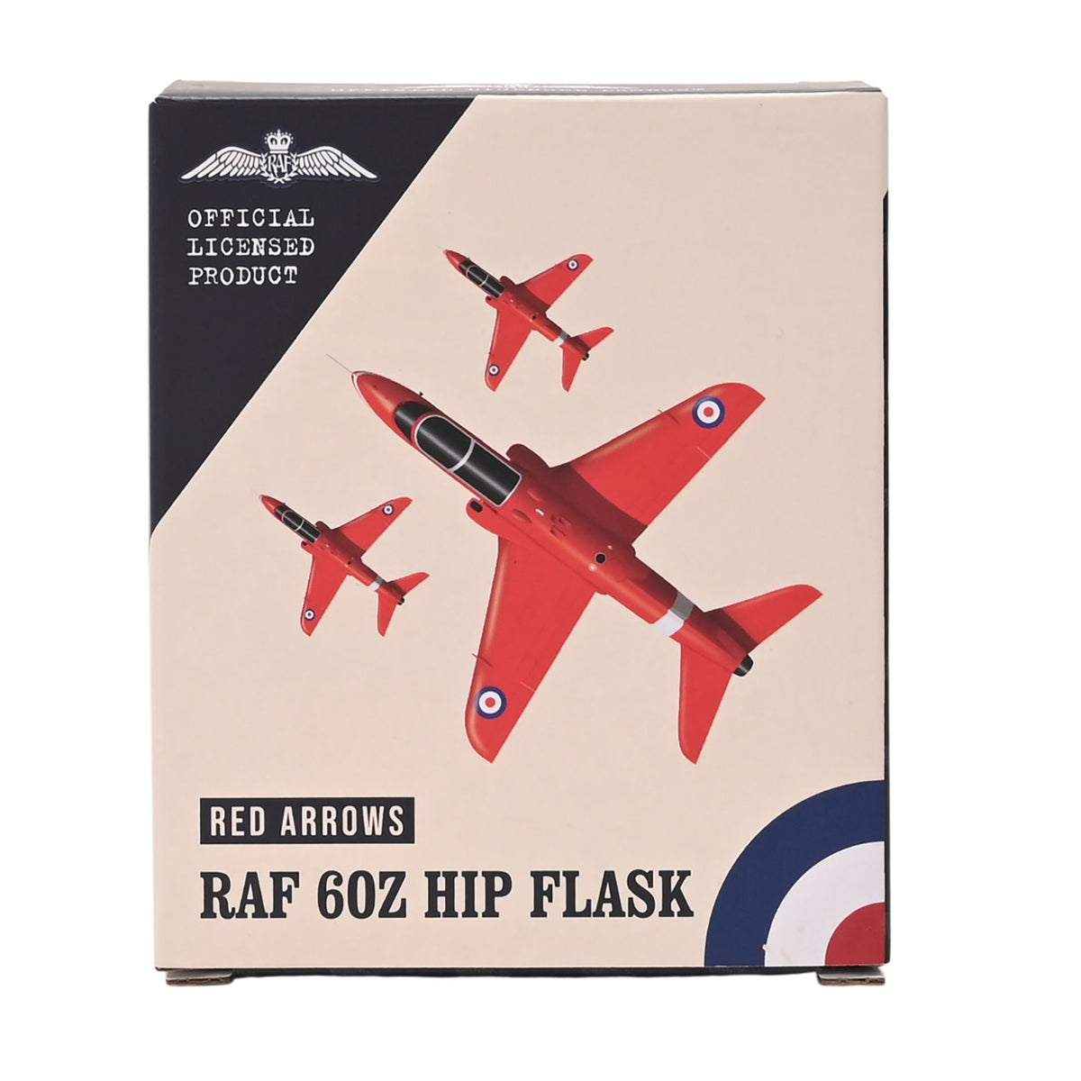 RAF 6oz hip flask gift box with “OFFICIAL LICENSED PRODUCT” and Red Arrows graphics