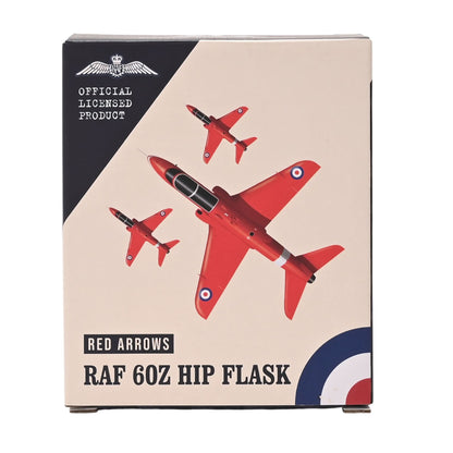 RAF 6oz hip flask gift box with “OFFICIAL LICENSED PRODUCT” and Red Arrows graphics
