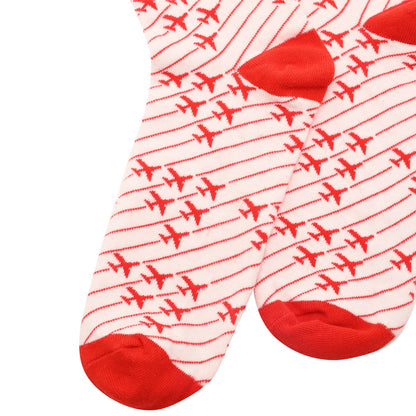 RAF men’s socks close-up, red plane silhouettes on white with red stripes