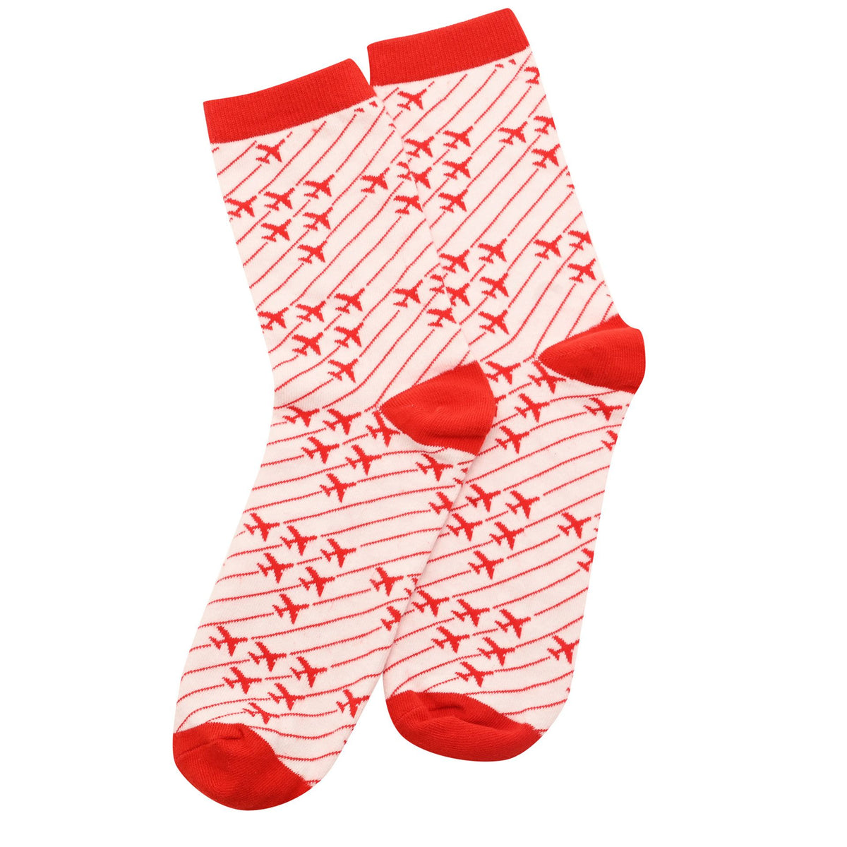 RAF men’s socks, crew style in white with red planes and striped pattern