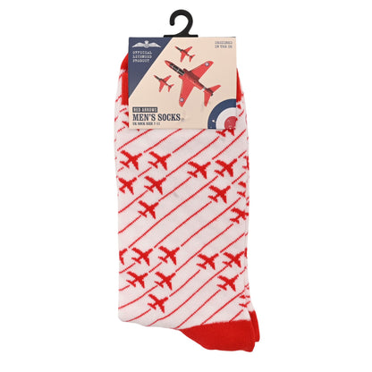 RAF Red Arrows men’s socks, packaged white socks with red plane design