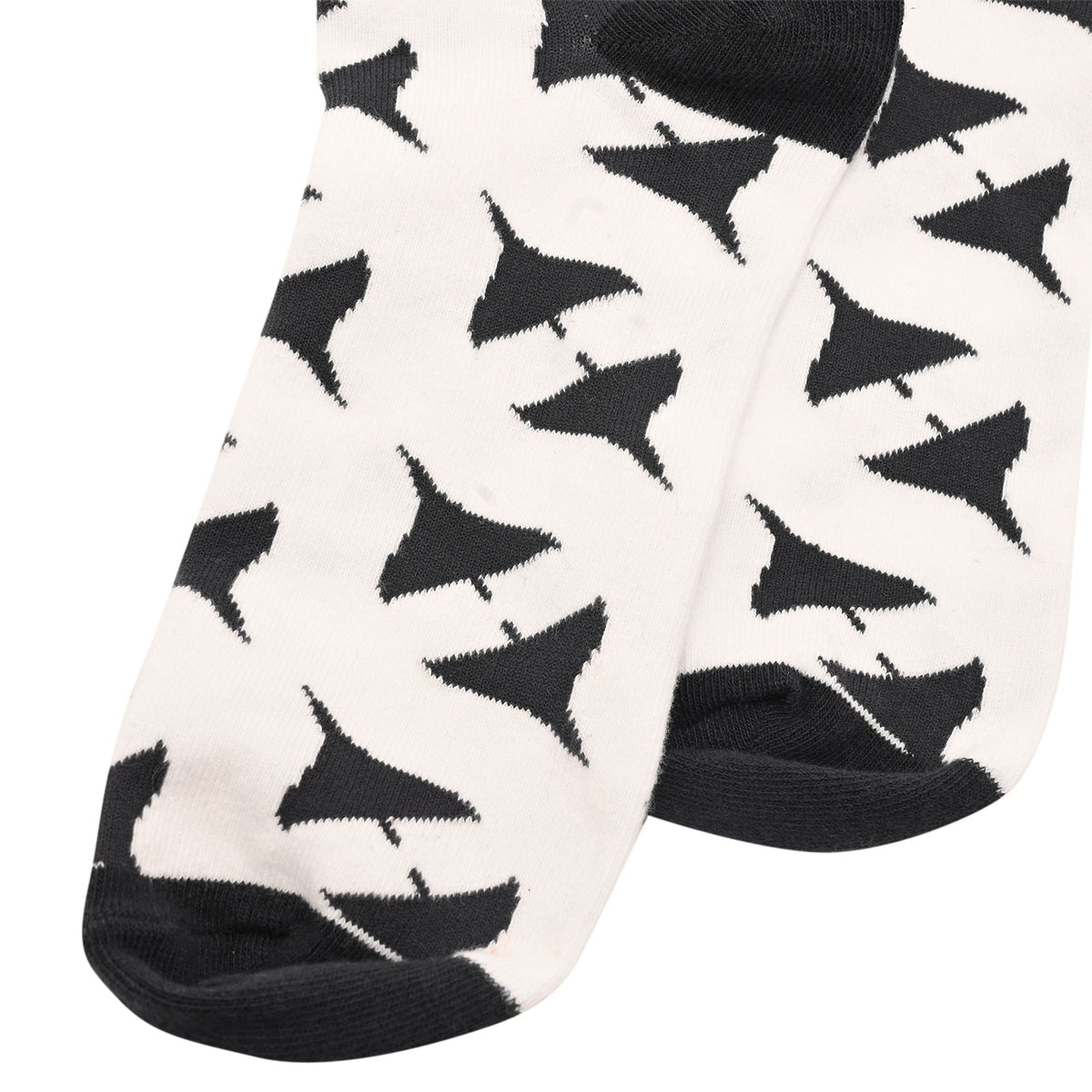 Close-up of men's crew socks: white knit with black Vulcan triangle pattern and black toe