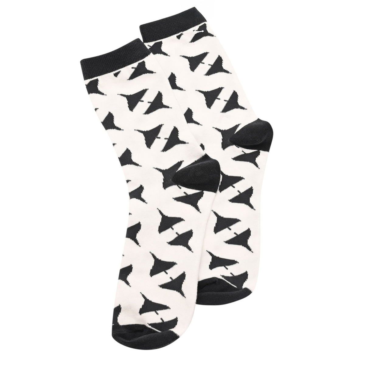 Two men's crew socks paired together in white with black Vulcan-style triangle pattern