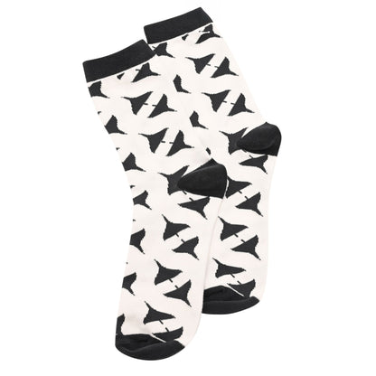 Two men's crew socks paired together in white with black Vulcan-style triangle pattern