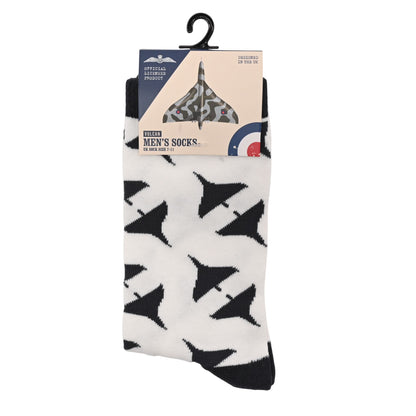 Packaged men's crew socks, white with black Vulcan-style triangle pattern, on a hook