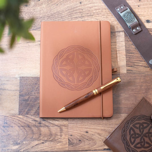 A5 faux leather notebook with embossed Celtic shield knot, brown cover and attached pen