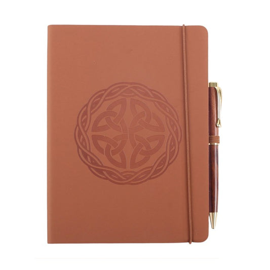 A5 faux leather notebook, brown cover with central Celtic knot medallion and pen clip