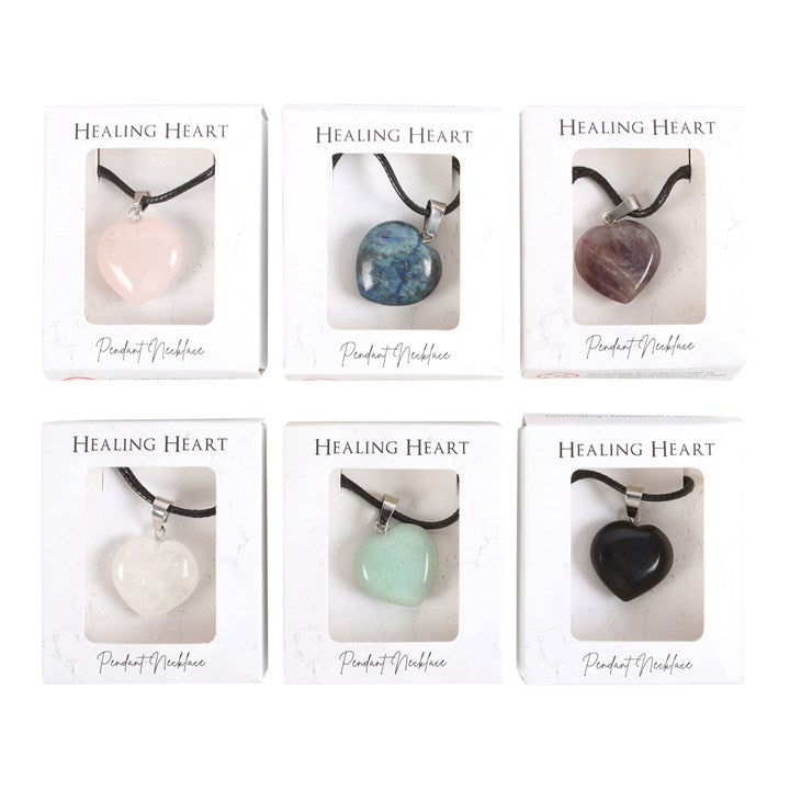 Set of 24 Healing Heart Crystal Necklaces in Display