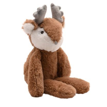 Dark brown plush reindeer with white face, gray antlers, and long legs, 30 cm