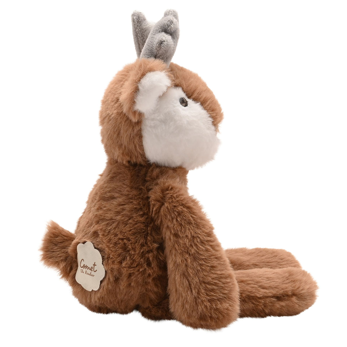 Dark brown plush long-leg reindeer with white muzzle and tag, sitting pose, 30 cm