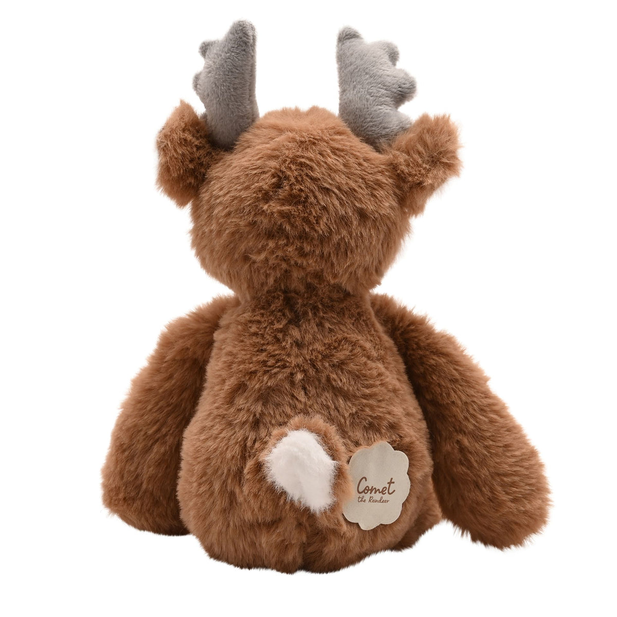 Dark brown plush reindeer with gray antlers and heart-shaped white patch on belly, 30 cm