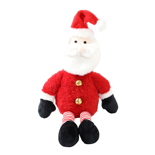 Plush Santa Claus toy with red hat, white beard, gold buttons, and black boots