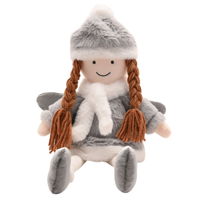 Plush angel doll with gray hat, orange braided pigtails, and gray wings