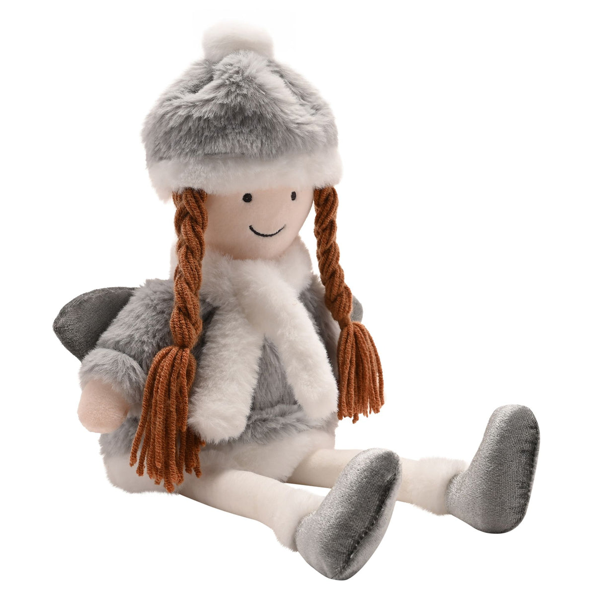 Seated gray plush angel doll with orange braids, white bib, and gray legs