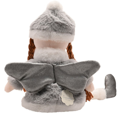 Back view of gray plush angel doll with orange braids and gray fabric wings