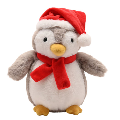 Front view plush penguin with red Santa hat, red scarf, yellow beak, grey arms, white belly