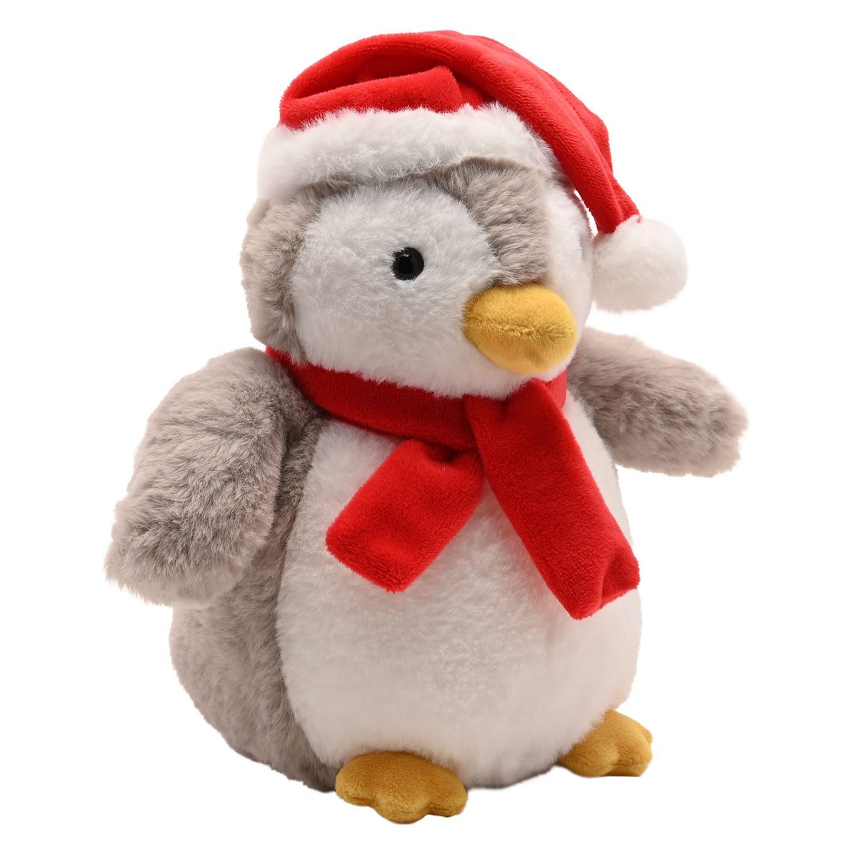Plush penguin with red Santa hat and red scarf, yellow beak, grey wings, white tummy