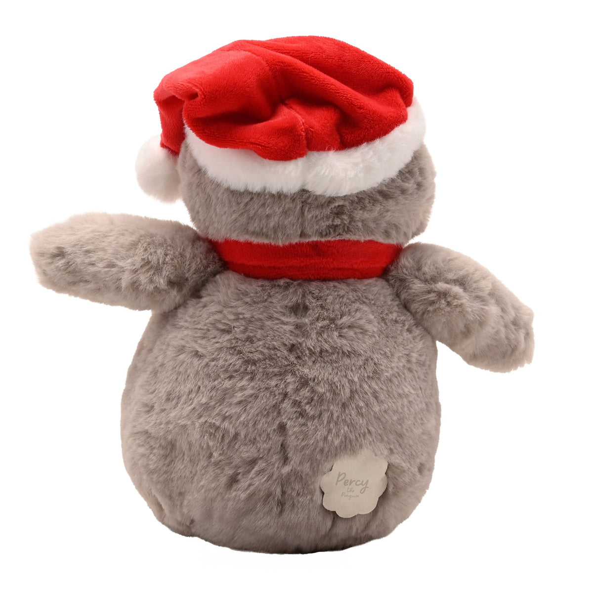 Back/side plush penguin with red Santa hat and red scarf, grey plush texture