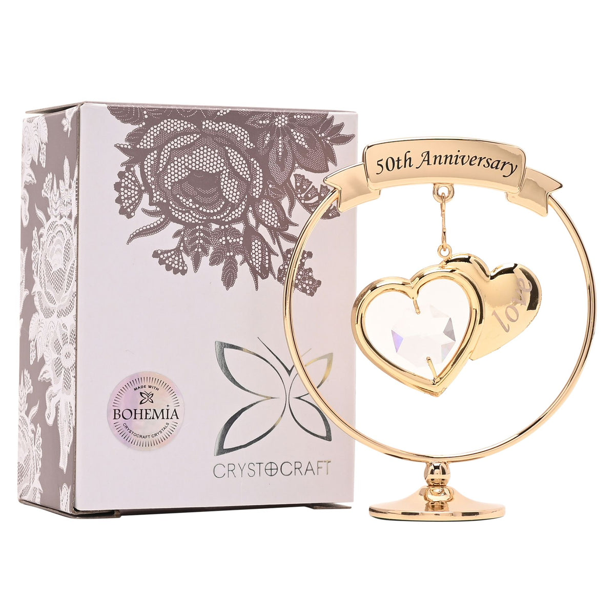 Crystocraft Gold Plated Circle - 2 Hearts - 50th Anniversary