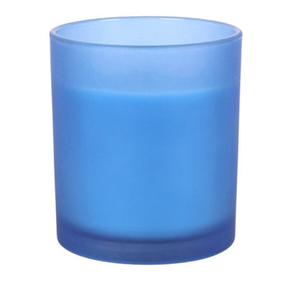 Blue jar scented candle, smooth wax surface and unprinted front