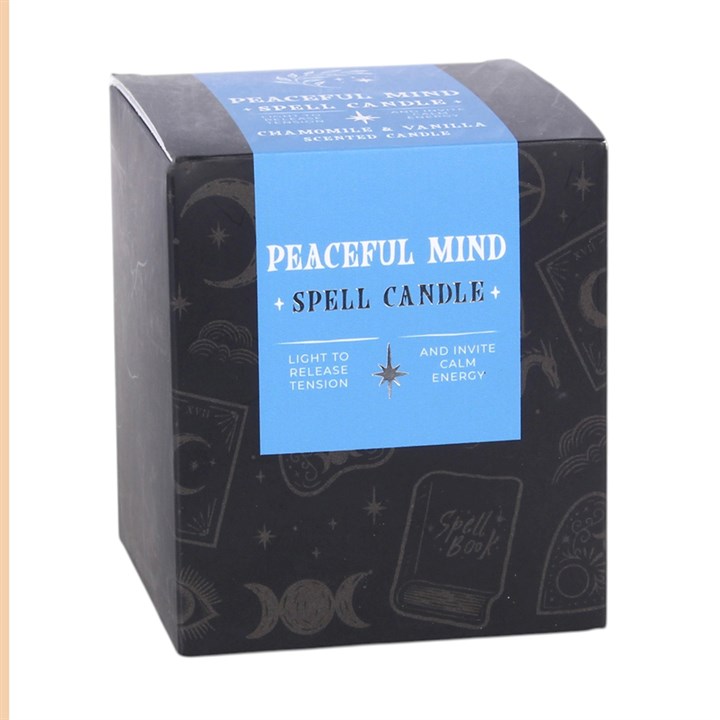 Gift box for blue "Peaceful Mind + Spell Candle" scented candle with blue label