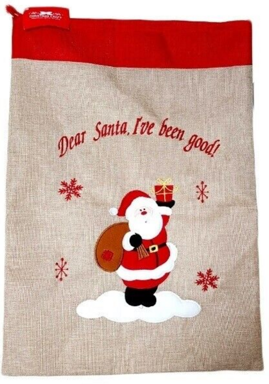 Large Christmas present sack with Santa holding gift and 'Dear Santa, I've been good' text