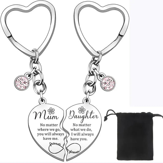 2 Pcs Mother Daughter Heart Matching Keyring / Necklace Gift Set