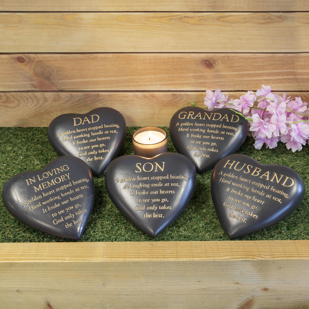 Set of dark heart memorial plaques with gold family wording, candle and flowers