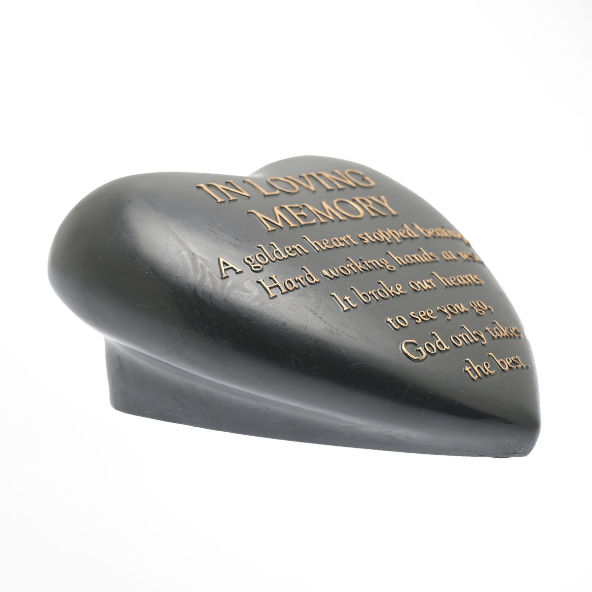 Dark heart memorial plaque, angled view, with gold 'In Loving Memory' inscription