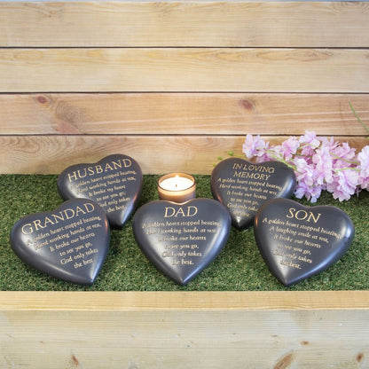 Dark heart memorial plaques for Grandpa, Dad, Son, and Husband with gold lettering