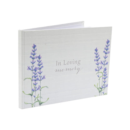 Condolence book cover with 'In Loving memory' and lavender floral corners