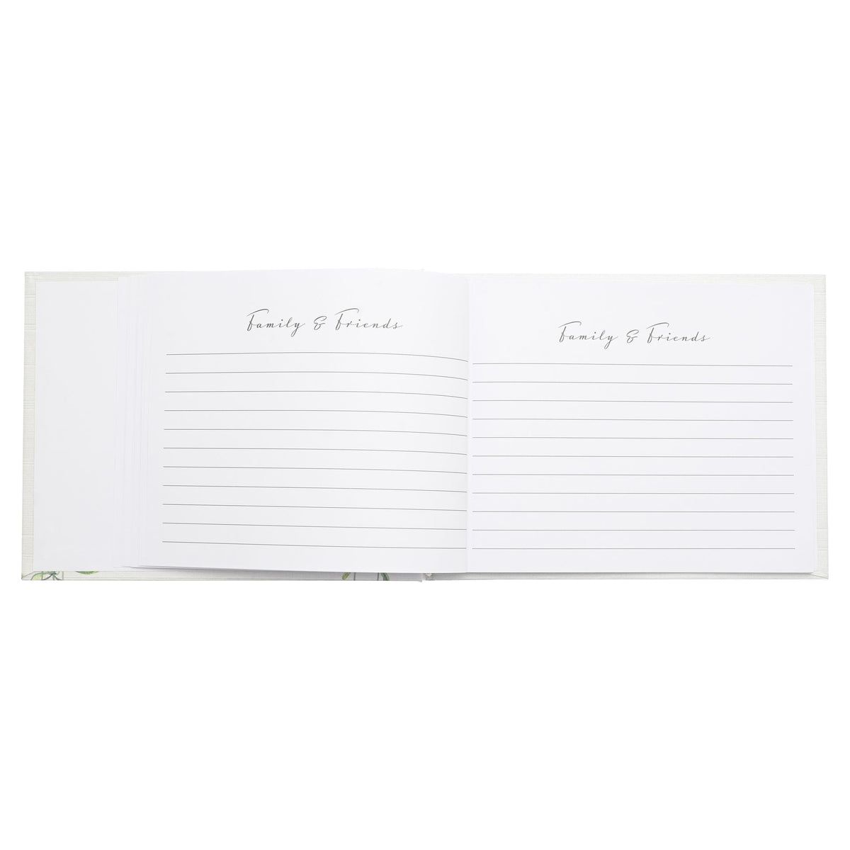 Open condolence book with two lined pages labeled 'Family & Friends'
