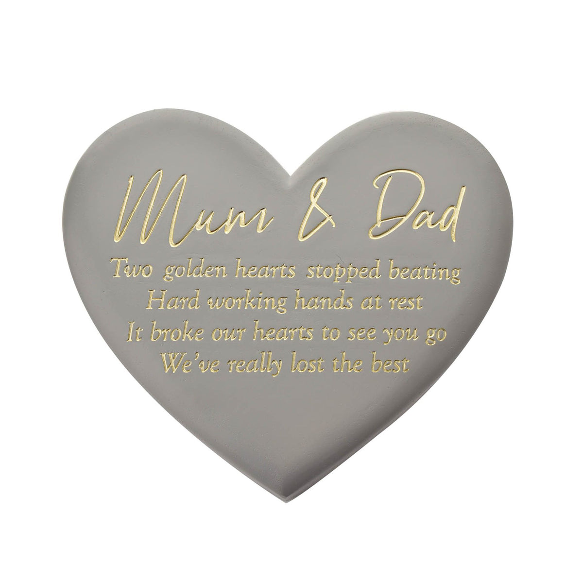 Grey heart memorial graveside plaque with Mum & Dad engraved golden remembrance lines