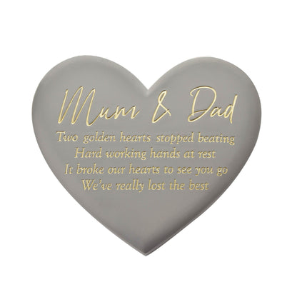 Grey heart memorial graveside plaque with Mum & Dad engraved golden remembrance lines