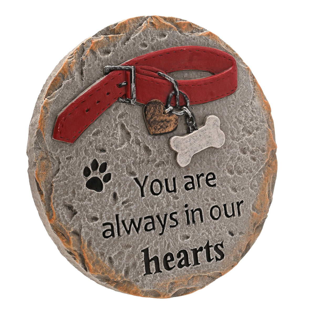 Pet memorial stone front with red collar, heart pendant, paw print, and “You are always in our hearts”.