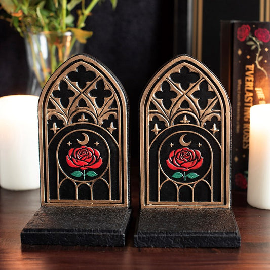 Pair of gothic arch bookends with black and gold detailing featuring a red rose and crescent moon