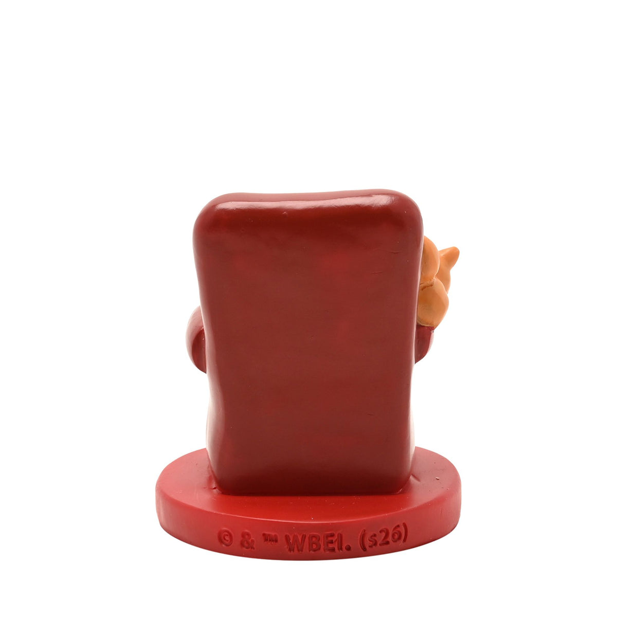 Back view of red armchair figurine base with small orange pet tucked beside