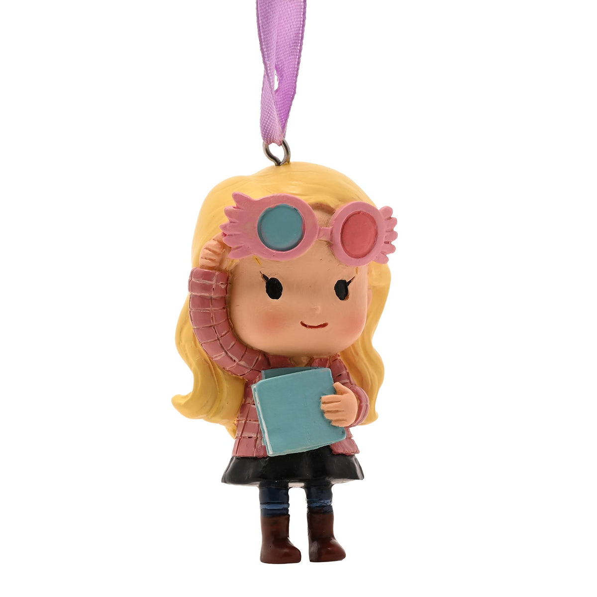 Luna Lovegood hanging tree decoration, holding blue book with pink/red glasses
