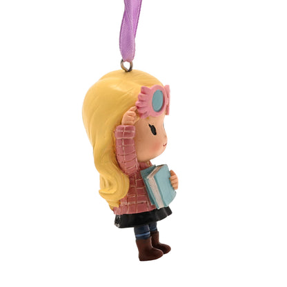 Luna Lovegood hanging tree decoration, side view with pink glasses and blue book