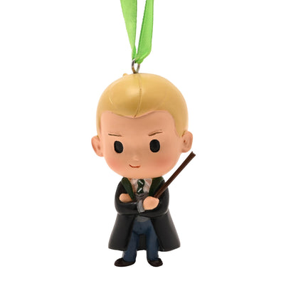 Draco character ornament with wand, black robe, and green hanging ribbon