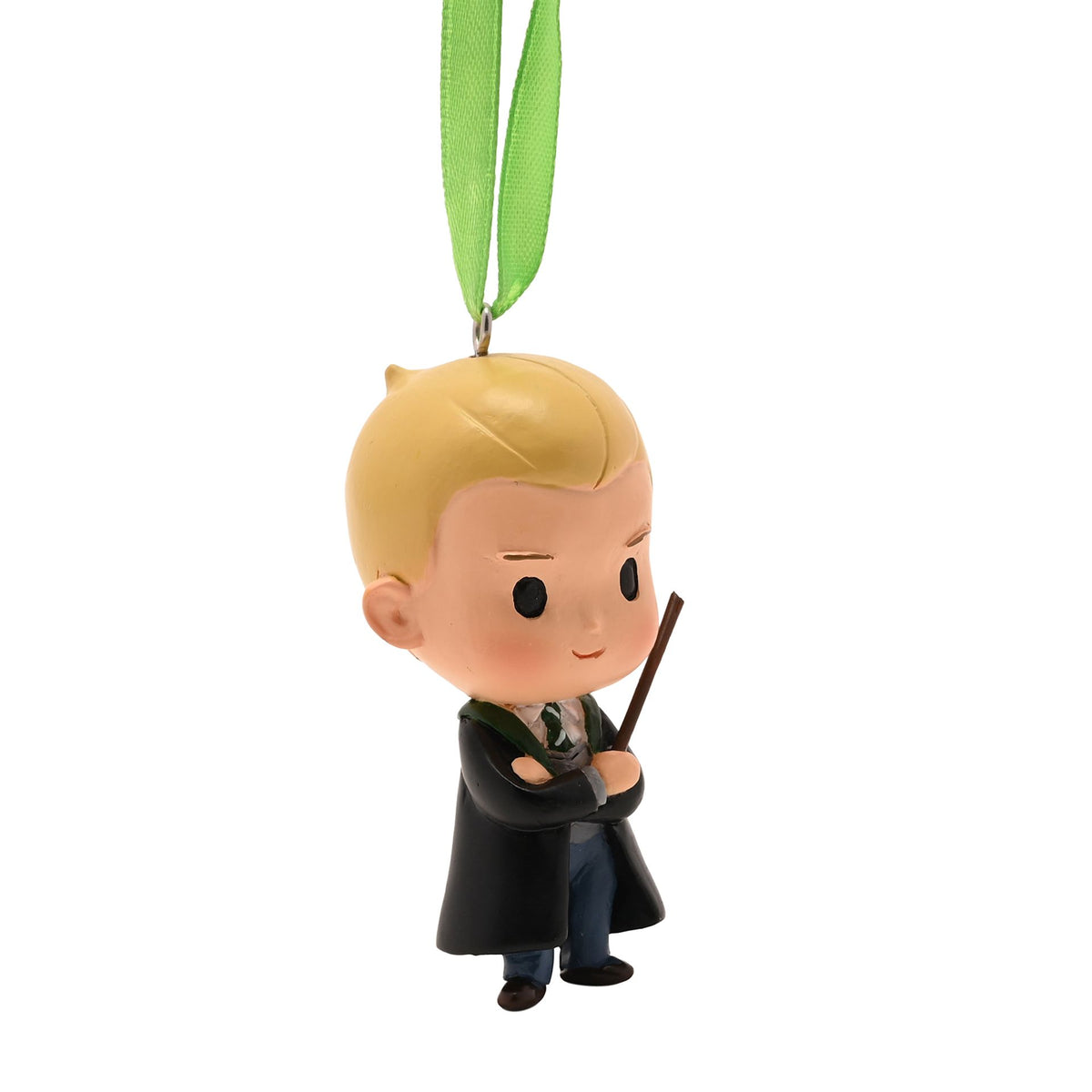 Draco character ornament side view with green ribbon loop and wand