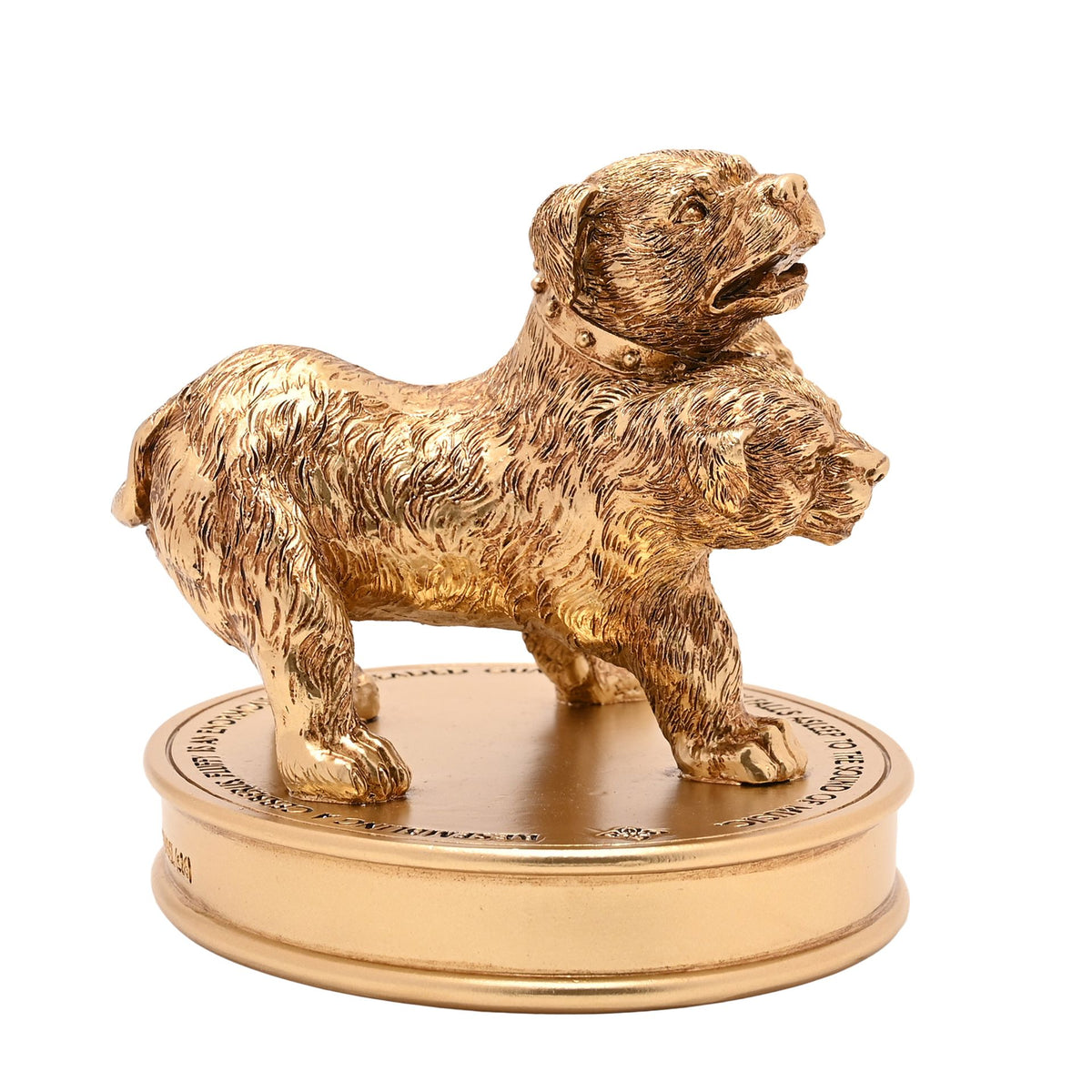 Gold dog figurine with smaller puppy, standing on round base.