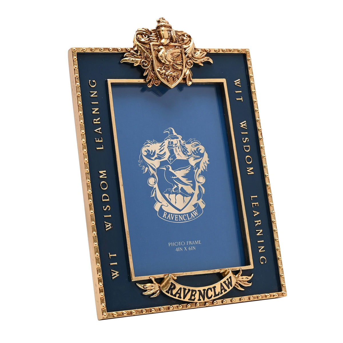 Ornate gold Ravenclaw crest photo frame with blue background and decorative corner crest